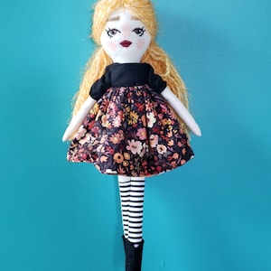 Floral Art Doll: Handmade Embroidered Face, Yarn Hair