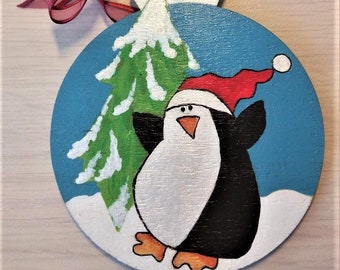 Hand Painted Penguin Christmas Tree Ornament, Wooden Holiday Decor