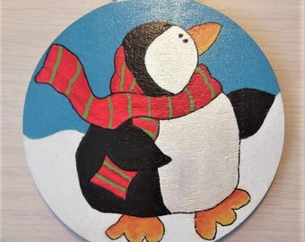Hand Painted Christmas Penguin Wood Ornament, Holiday Decor