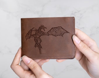 Custom Men Leather Wallet, Dragon Leather Wallet for Him, Gift for Husband, Personalized Men Wallet, Gift for Dad, Customize Wallet