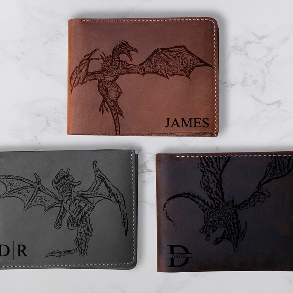 Dragon Leather Wallet for Him, Leather Gift for Husband, Custom Men Leather Wallet, Personalized Men Wallet, Gift for Dad, Gift For Husband