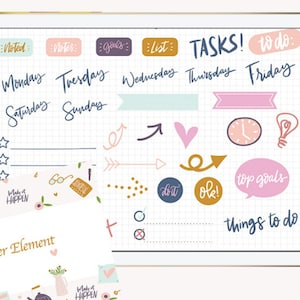 May include: A digital planner template with colorful stickers and handwritten text. The planner includes sections for tasks, to-do lists, goals, notes, and a weekly calendar. The stickers include arrows, hearts, stars, a lightbulb, a clock, and a speech bubble that says "top goals".