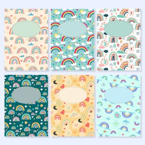 Puede incluir: Seis diseños imprimibles coloridos con arcoíris, nubes, estrellas, corazones y lunas. Cada diseño tiene un espacio ovalado en blanco en el centro.