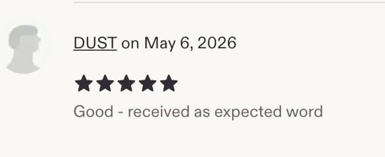 May include: A customer review with a silhouette profile, the name "DUST", and the date "May 6, 2026". The review includes five black star icons and the text "Good - received as expected word".