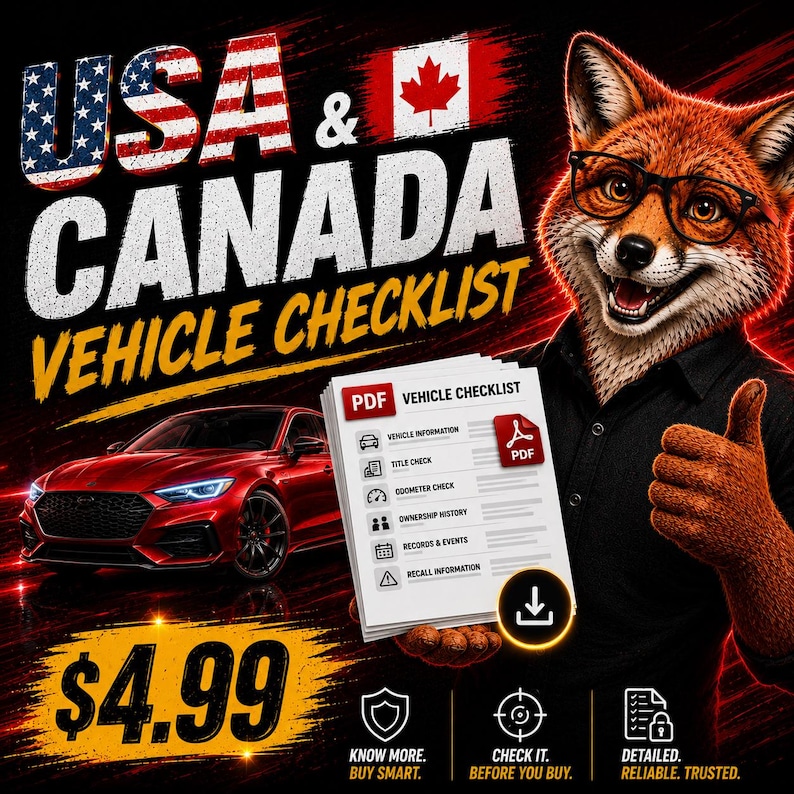 May include: A digital graphic promoting a vehicle checklist for the USA and Canada. The image features a red car, a cartoon fox wearing glasses, and a document with vehicle information. The price is $4.99.