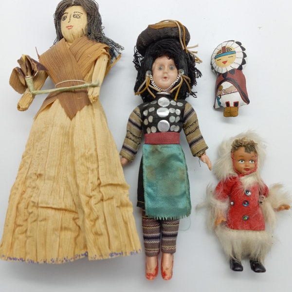 Lot of Four Handmade Vintage Dolls, Unique Vintage Antique Handmade Dolls Toys, Antique Toys, Handmade Corn Dolls, Native American Dolls