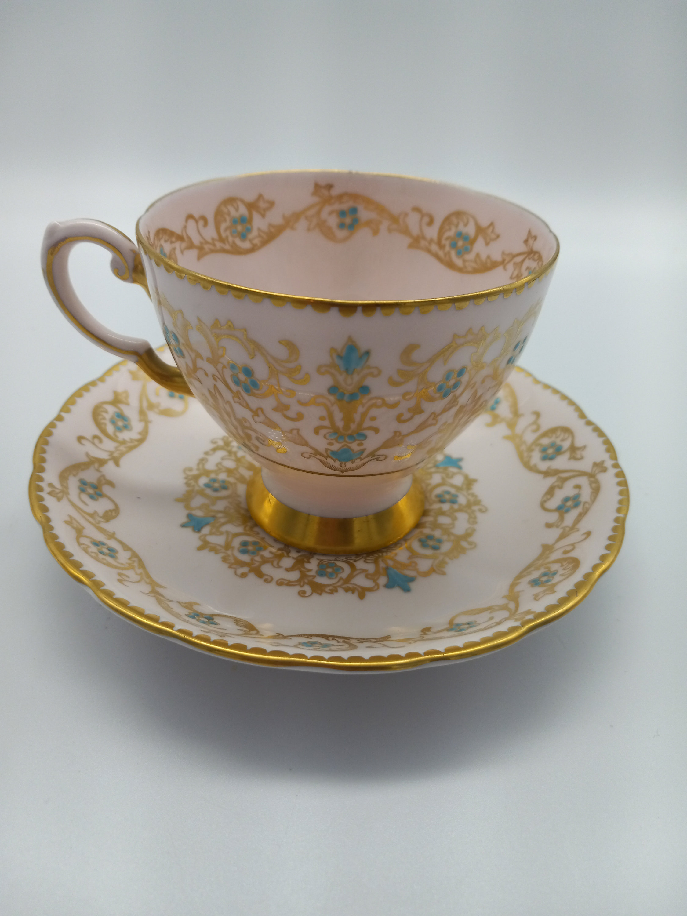 Vintage Tuscan Louise Gold Pink and Turquoise Hand Decorated Fine Bone China Tea Cup with Saucer, 1950's Vintage Teacup and Saucer Set