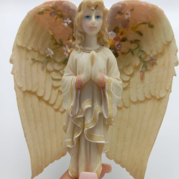 Beautiful Cast Resin Hinged Angel Ornament, Highly Detailed Wings Inside and Out, Sculptured Flowers, Angel Home Decor, Pretty Angel Decor