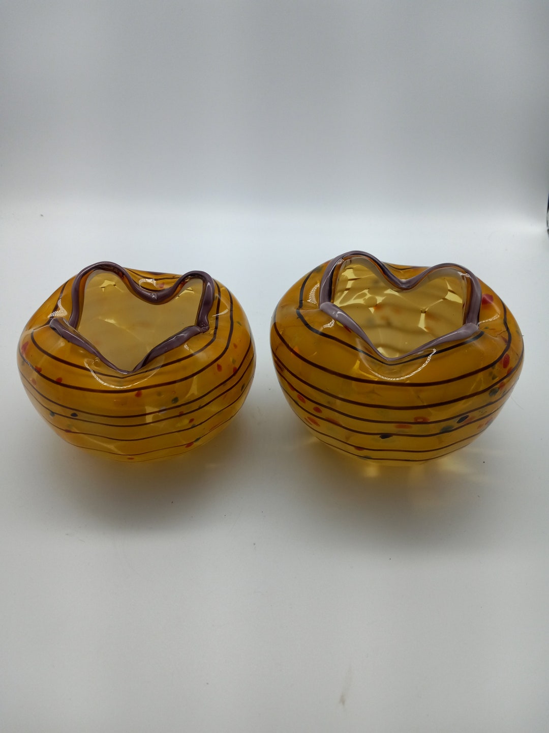 Vintage Retro Modern Art Glass Rose Bowl, Whimsy Vase, Amber Spiral End of Day Spatter, Unique