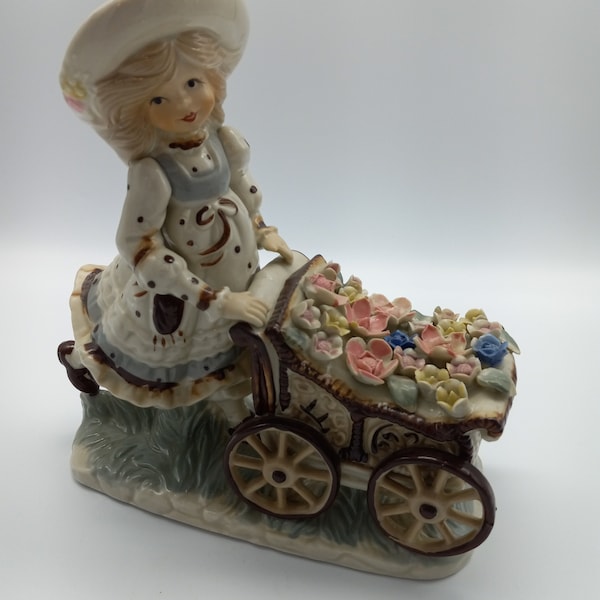 Porcelain Girl Figurine, Pushing Flower Cart, Lenwile Art Ware, Mothers Day Gift Idea, Pretty Jewelry Box, Jewelry Trinket Box, Women's Gift