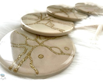 Coasters Set of 4 Handmade Beige & Gold Geode Inspired Round Resin Cup Coasters for Serving Drinks Gift for Everyone and Every Occasion