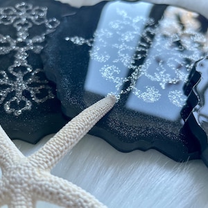 MADE TO ORDER - Handmade Black Pearl & Silver Snowflake Resin Coasters - Custom Order