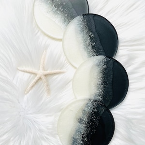MADE TO ORDER- Black | Greyish Black | White Pearl & Silver Round Shape Resin Coasters - Custom Order