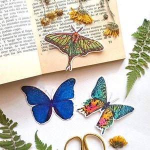 May include: A collection of colourful butterfly stickers, including a blue morpho butterfly, a green and yellow luna moth, and a multi-coloured butterfly with iridescent wings. The stickers are placed on a white surface with a pair of gold scissors and dried ferns.