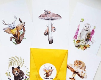 Woodland Animals Postcard Set, Animal Postcard Set, Wildlife Postcards, Animal NoteCard Set, Mini Art Prints, cadeau de collectionneur de cartes postales.