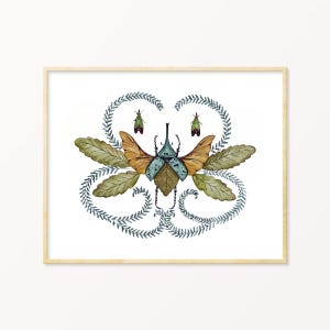 Beetles & Maidenhair Fern Art print, Insect print, Nature Inspired Vintage Art Insect poster,Botanical illustration, Beetle Art.