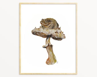 Toad on Mushroom Watercolor Print: Whimsical Nursery Wall Art