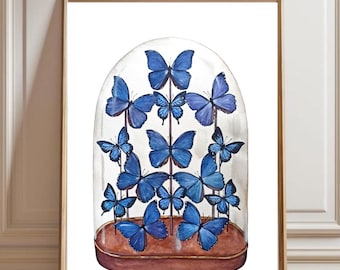 Stampa artistica da parete con farfalla blu Morpho cloche, illustrazione ad acquerello, stampa artistica entomologica, cupola per insetti, decorazione dark academia