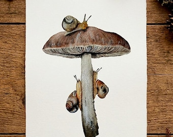 Snail Mushroom Watercolor Print: Whimsical Woodland Nursery Art
