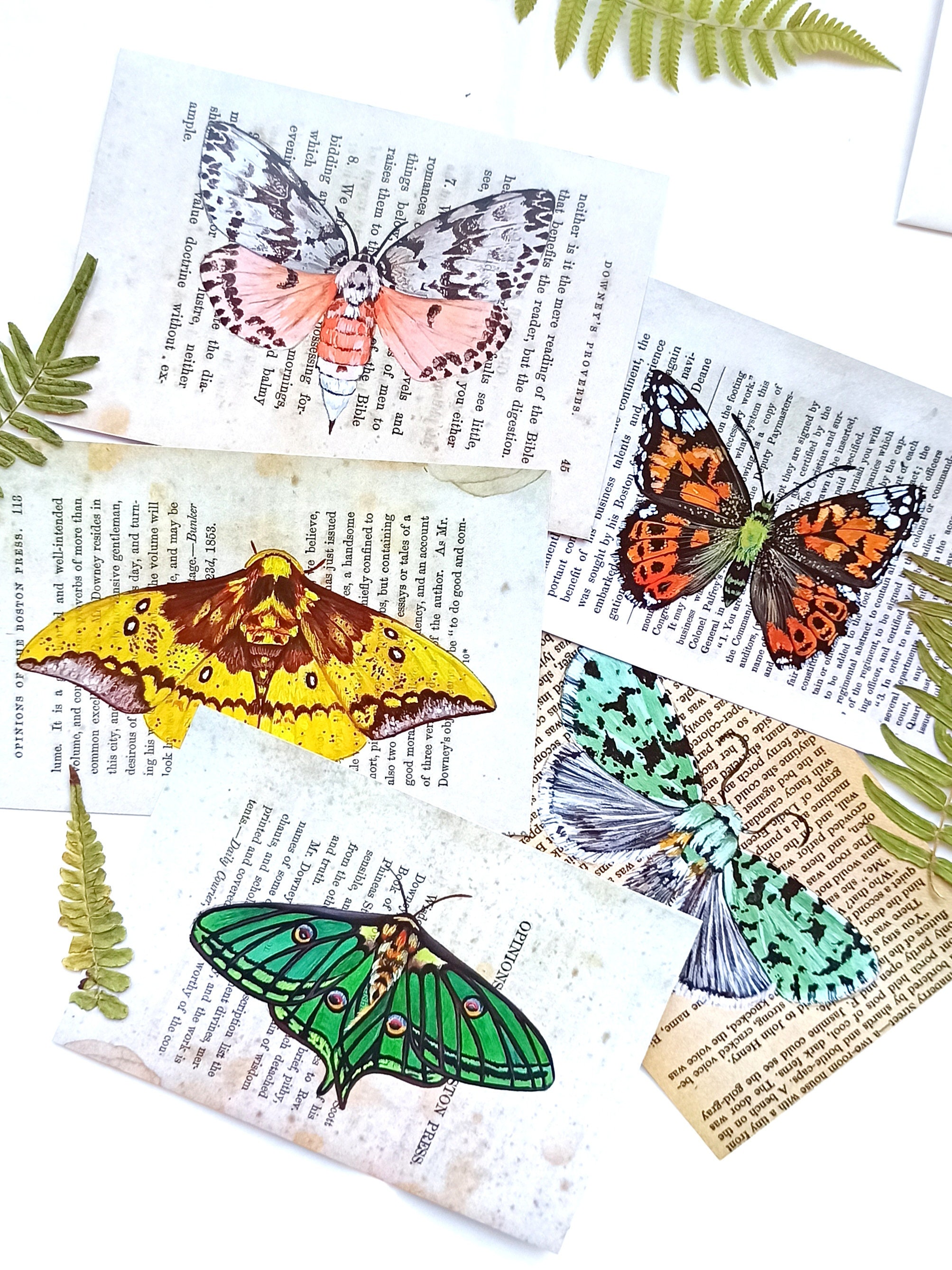 Butterfly & Moth Art Postcards on Vintage Book Pages – Nature-Inspired Wall Decor, Junk Journal Ephemera, Scrapbooking, Cottagecore