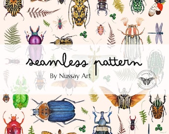 Seamless repeat pattern Insect & Beetle Collage, Botanical Bug Printable for Fabric, Wallpaper, Journaling, Crafts