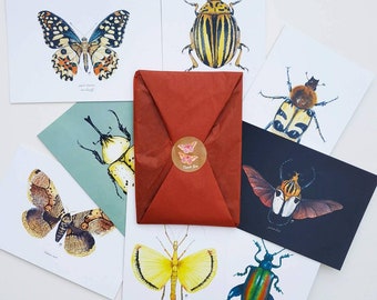 Insect ansichtkaarten Pack met 8 Bugs Print, Kever, Mot, Vlinder, Insect Anatomie, Entomologie Gift, Kleine prints bundel, Bedankt ansichtkaarten