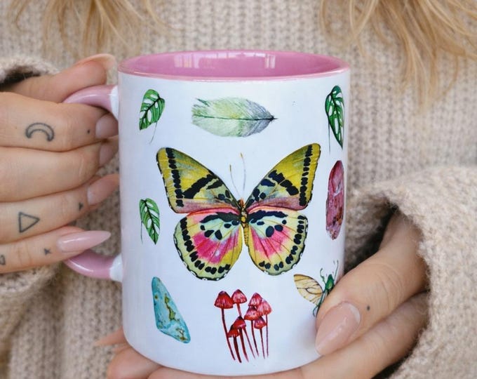 Libra Zodiac Coffee Mug: Botanical Design, Pink Handle