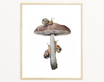 Snigel och svamp akvarelltryck: Nyckfull skogsmarksbarnrumskonst