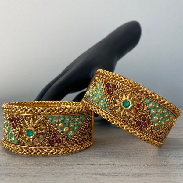 Kundan Kada set of 2 (Size 2.8), Kundan Bangle, Gold Plated Rajwadi Kundan Openable Kada set, Wedding Bangles India, Bollywood Bangles