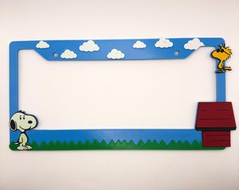 Snoopy Inspired License Plate Frame | Cute Cartoon Dog Car Tag Frame | Black & White Character Auto Accessory