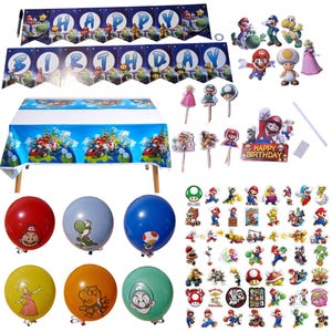 165 PC Super Mario Party Supplies per bambini, ragazzi e ragazze, palloncini, adesivi con personaggi, striscioni di buon compleanno e decorazioni per torte, tovaglia