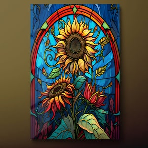 Arte de pared de vidrio templado con diseño de girasol: estilo Vitray, listo para colgar