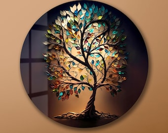 Tree of Life Tempered Glass Wall Art: Modern Stained Glass Decor-