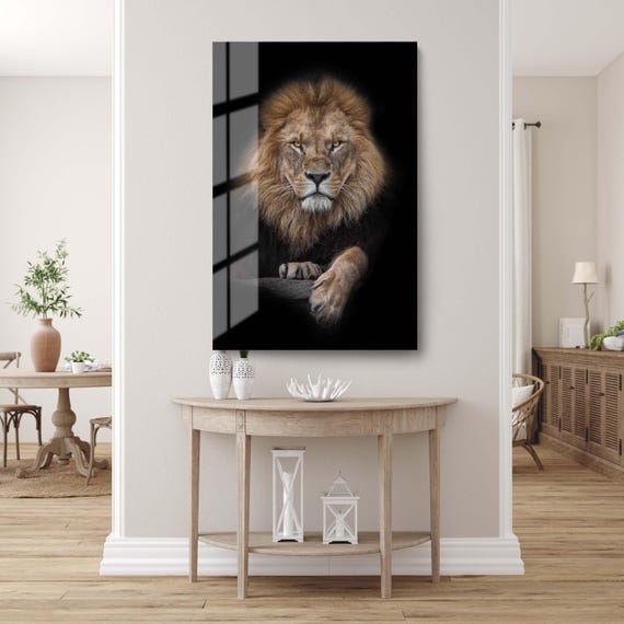 ライオンのポートレート強化ガラスウォールアート：雄大な野生動物の