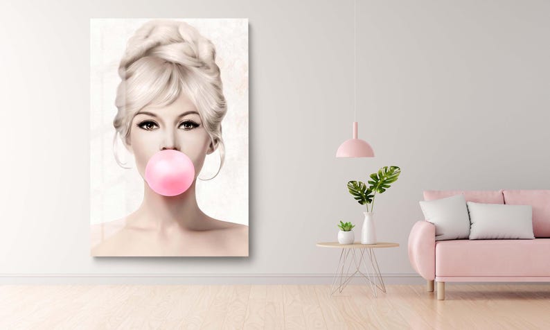 Brigitte Bardot Bubble Gum Tempered Glass Wall Art, Blonde Woman Portrait, Glam Wall Decor image 4
