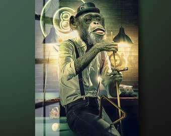 Billiard Player Monkey Tempered Glass Wall Art, Pool Player Monkey Glass Wall Decor, Animal Glass Wall Hanging, Ready to Hang