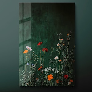 Wildflower gehard glas kunst aan de muur, bloemen glazen wand decor, bloemenveld glazen muur opknoping, botanische schilderij klaar om op te hangen