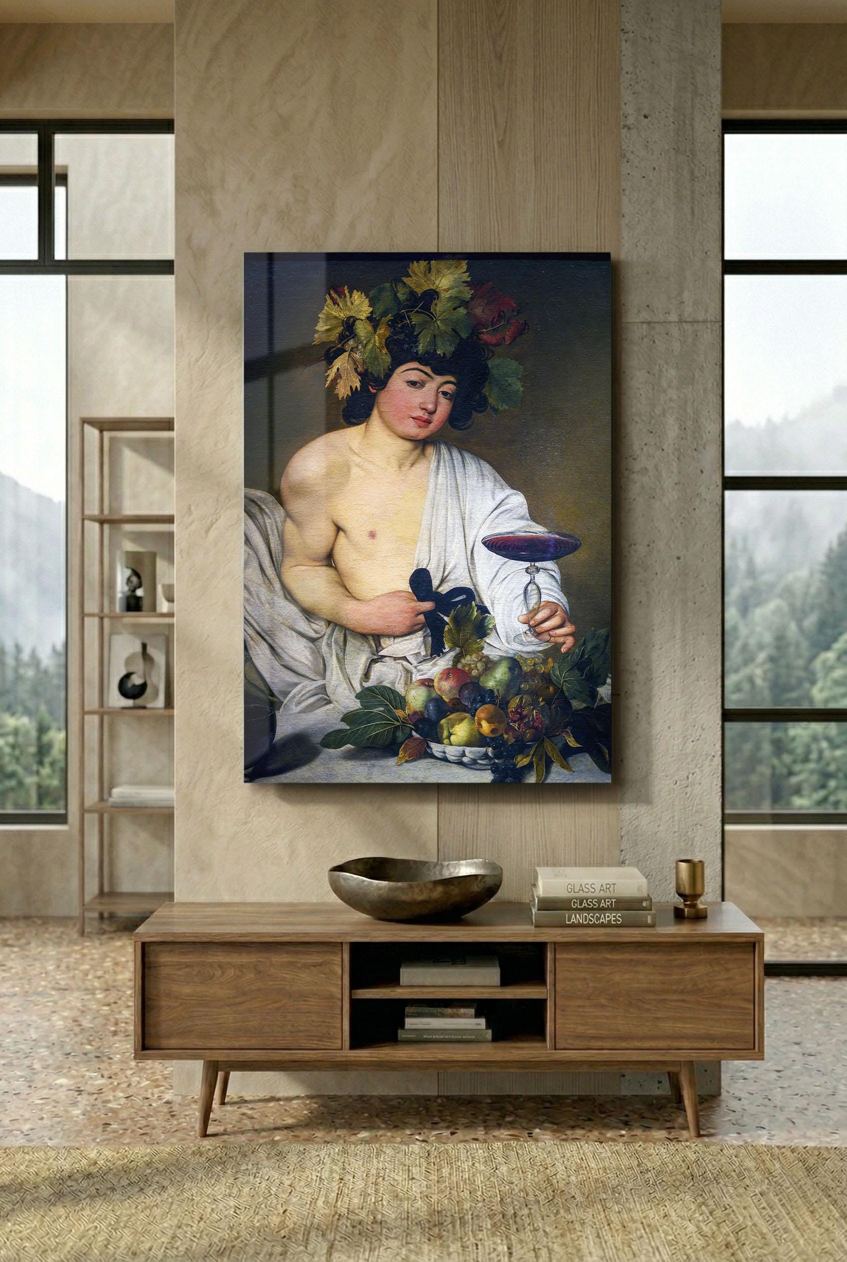 Caravaggio Bacchus Tempered Glass Art: Baroque Wine God Wall Decor