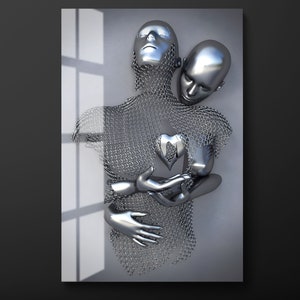 Hugging Couple Tempered Glass Wall Art, Silver Couple Glass Wall Decor, Couple in Love Silver Heart Glass Wall Hanging, Ready to Hang