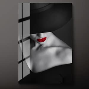 Red Lips Tempered Glass Art: Modern Woman Portrait Wall Decor