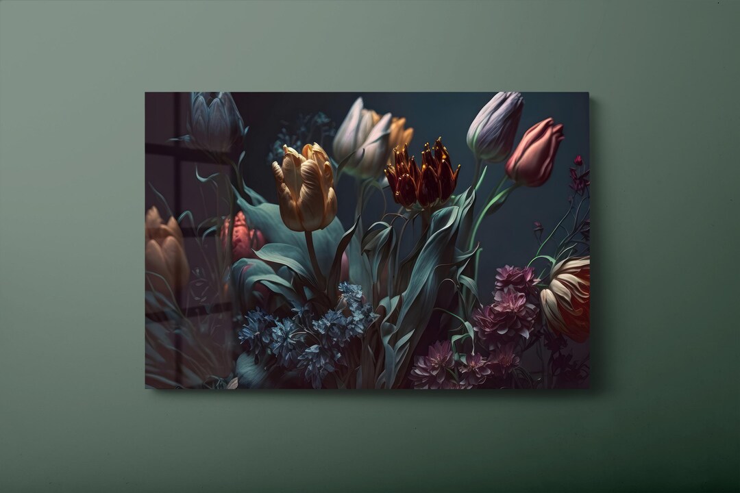 Floral Tulip Tempered Glass Wall Art: Dark Theme Botanical Decor- - Etsy