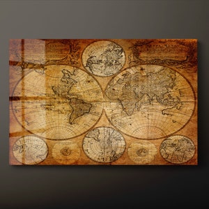 Vintage wereldkaart gehard glas kunst aan de muur, vintage kaart van de wereld glazen wand decor, geografische wereldkaart glazen wand hangend, klaar om op te hangen
