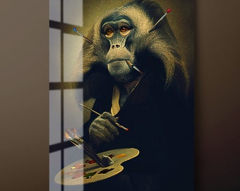 Artist Monkey Tempered Glass Wall Art, Painter Chimpanzee Glass Wall Decor, Artist Chimpanzee Glass Wall Hanging, Ready to Hang