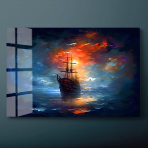 Ship Tempered Glass Wall Art, Pirate Ship Glass Wall Decor, Abstract Sailing Ship Glass Wall Hanging, Ready to Hang