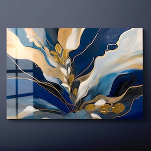 Blue Gold Abstract Marble Tempered Glass Wall Art, Blue Gold Marble Glass Wall Decor, Abstract Marble Glass Wall Hanging, Ready to Hang