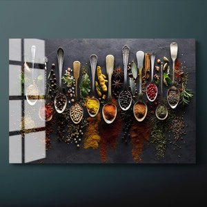 Spices and Herb Tempered Glass Wall Art, Kitchen Glass Wall Decor, Colorful Spices Glass Wall Hanging, Ready to Hang