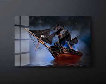 Pirate Ship Tempered Glass Wall Art, Sailing Ship Glass Wall Decor, Sea and Ship Glass Wall Hanging, Ready to Hang