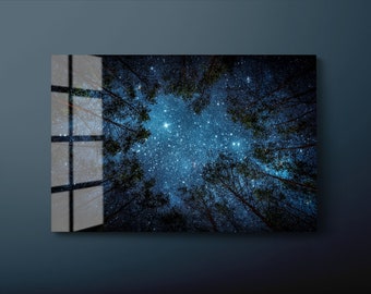 Stars and Trees Tempered Glass Wall Art, Night in Forest Glass Wall Decor, Navy Blue Night Sky Glass Wall Hanging, Ready to Hang
