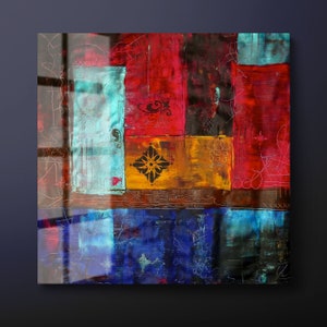 Patchwork Tempered Glass Wall Art, Bohemian Glass Wall Decor, Abstract Turquoise Red Orange Glass Wall Hanging, Ready to Hang