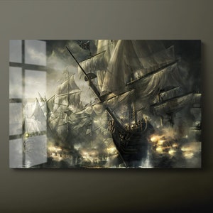 Vintage Battleship Tempered Glass Wall Art, Pirate Ship Glass Wall Decor, Sailing Boat Glass Wall Hanging, Ready to Hang